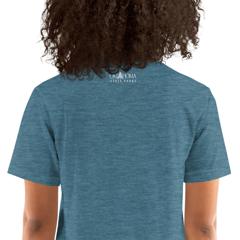 Osage State Park Unisex Short Sleeve T-Shirt in Black Heather. Text: Cool off by the falls at Osage Hills an Oklahoma State Park.