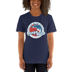 Osage State Park Unisex Short Sleeve T-Shirt in Black Heather. Text: Cool off by the falls at Osage Hills an Oklahoma State Park.