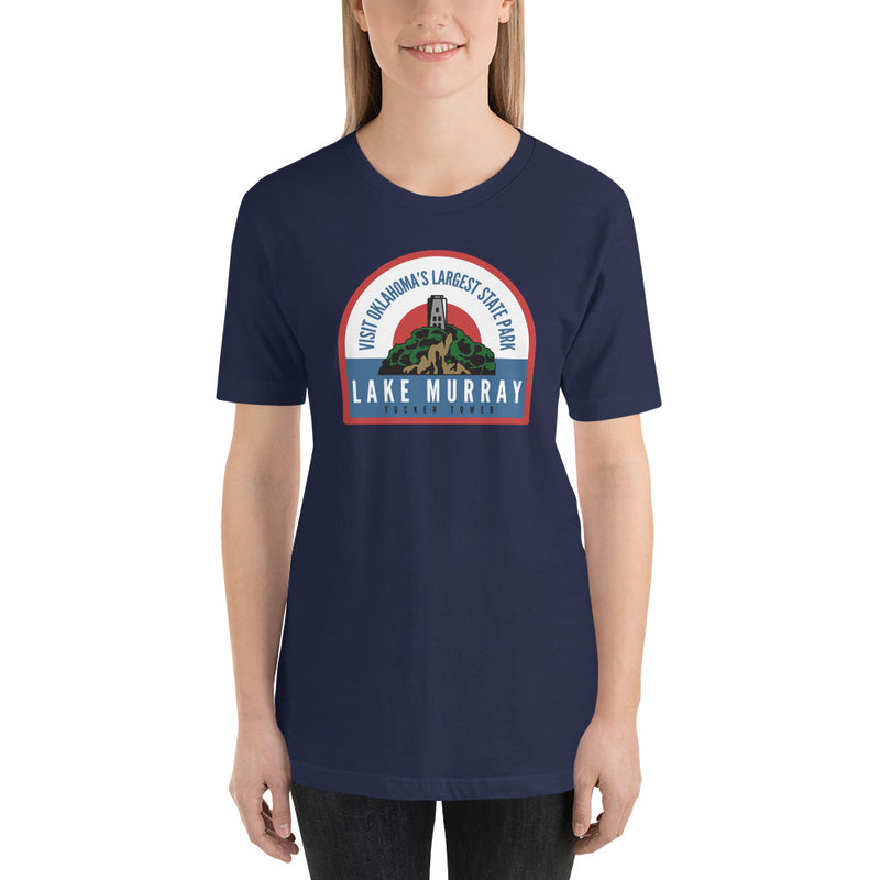 Navy Lake Murray T-Shirt. Text Reads: "Visit Oklahoma's Largest State Park, Lake Murray, Tucker Tower"