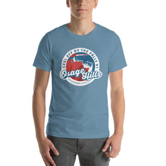 Osage State Park Unisex Short Sleeve T-Shirt in Black Heather. Text: Cool off by the falls at Osage Hills an Oklahoma State Park.