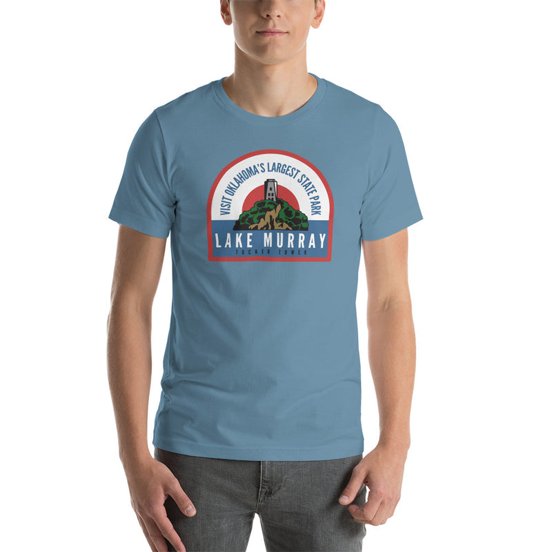 Black Heather Lake Murray T-Shirt. Text Reads: "Visit Oklahoma's Largest State Park, Lake Murray, Tucker Tower"