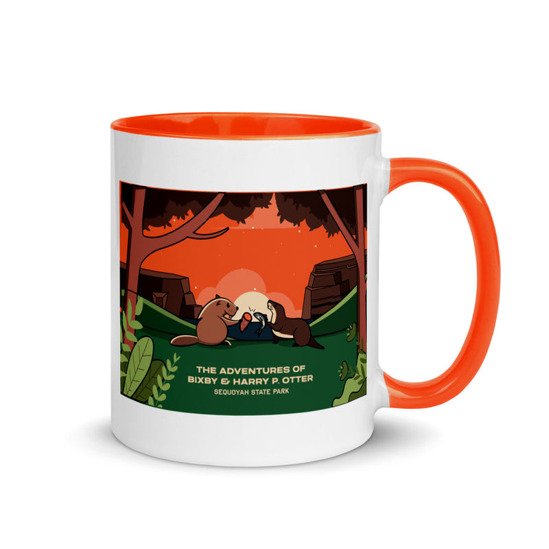 The Adventures of Bixby Y. Beaver & Harry P. Otter at Sequoyah State Park ceramic coffee mug with orange handle and inside.