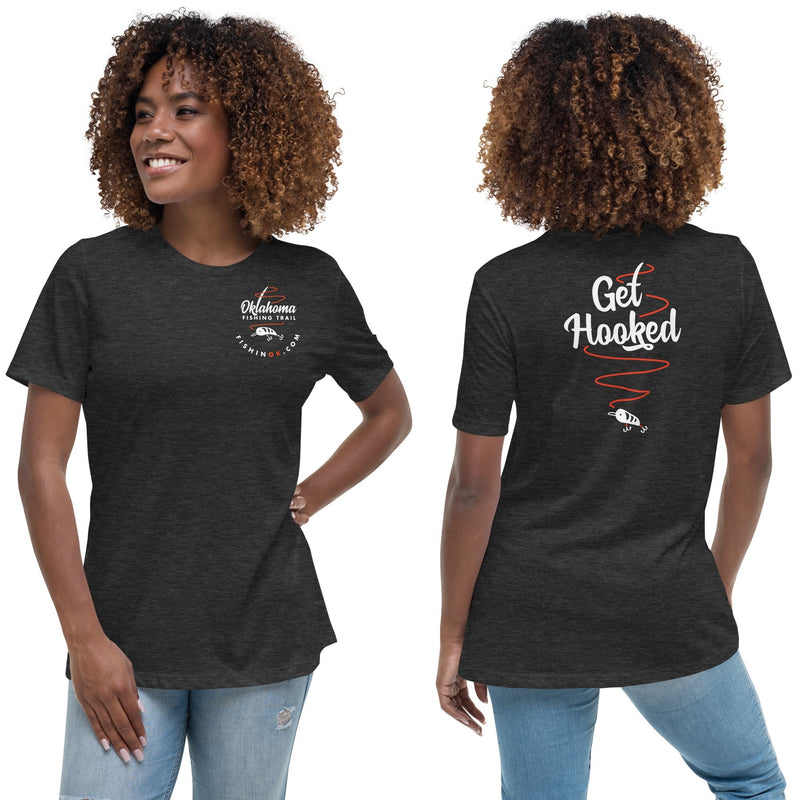 Navy Double-Sided Women's T-Shirt - Oklahoma Fishing Trail, "Get Hooked"