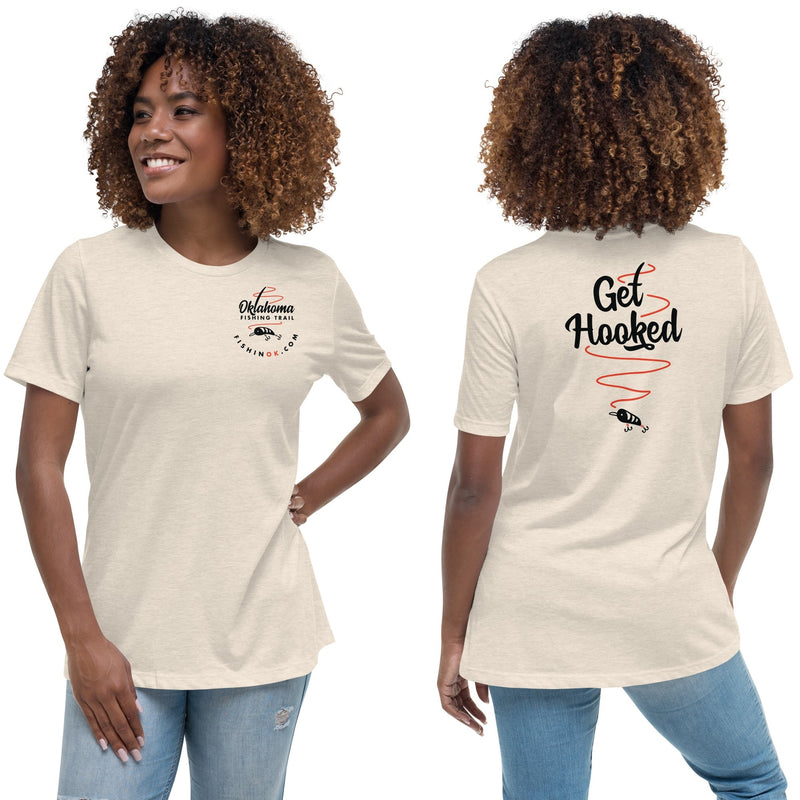 Heather Prism Natural Double-Sided Women's T-Shirt - Oklahoma Fishing Trail, "Get Hooked"