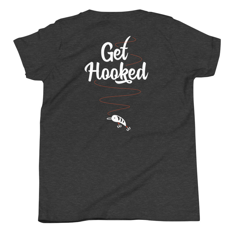 Oklahoma Fishing Trail Double Sided Youth Boys T-Shirt in Black. Oklahoma Fishing Trail left chest print on the front, and "Get Hooked" fish design on the back.